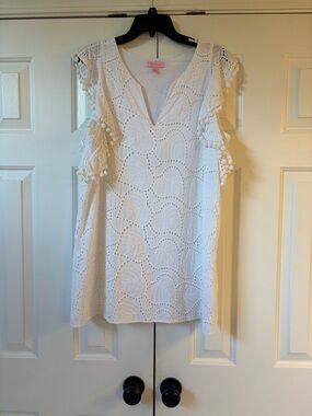 Lilly Pulitzer White Eyelet Pom-Pom V-Neck Mini Dress